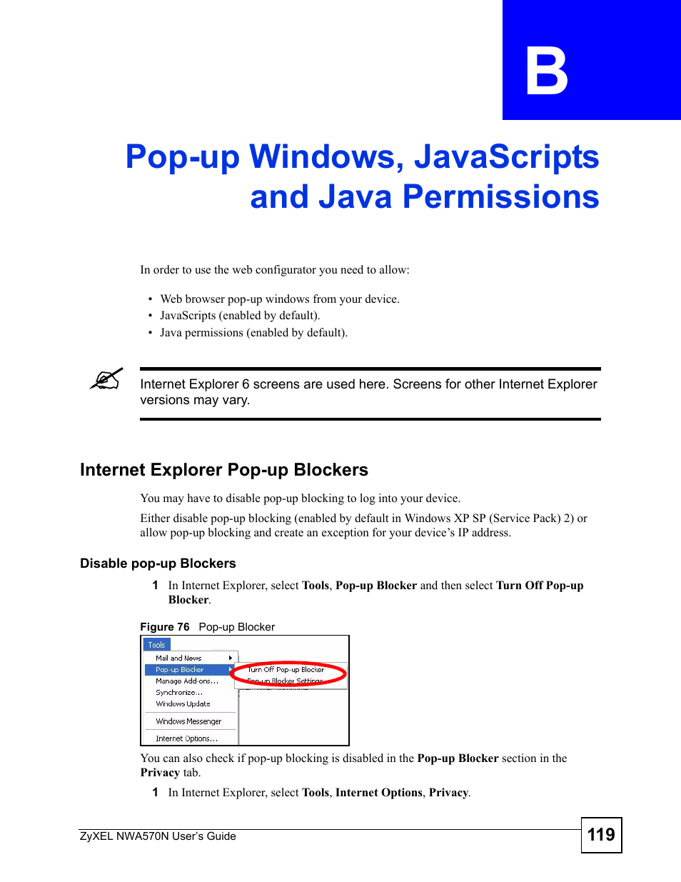Pop-up windows, javascripts and java permissions, Figure 76 pop-up blocker | ZyXEL Communications NWA570N User Manual | Page 119 / 152