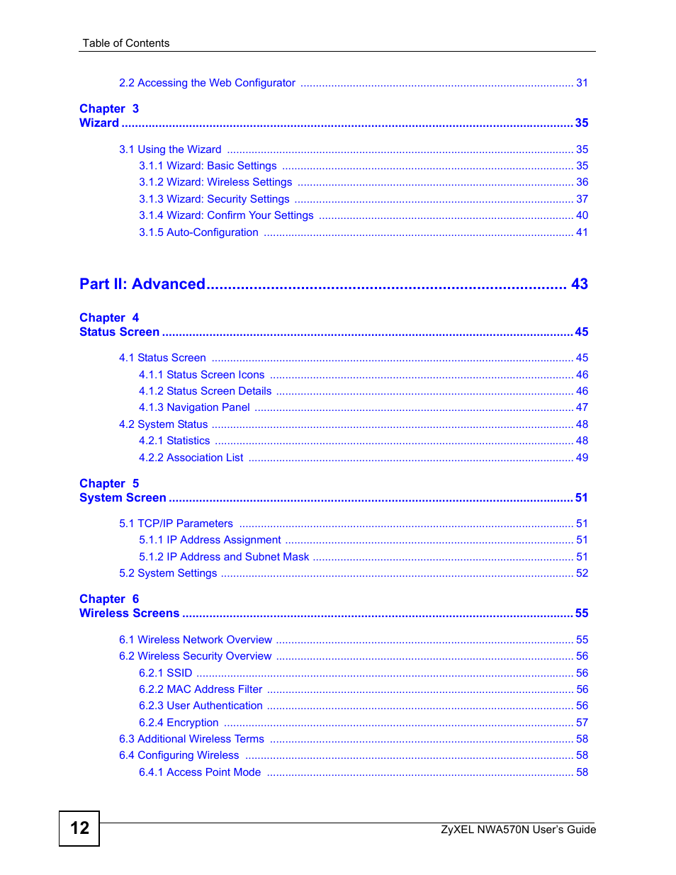 Part ii: advanced | ZyXEL Communications NWA570N User Manual | Page 12 / 152