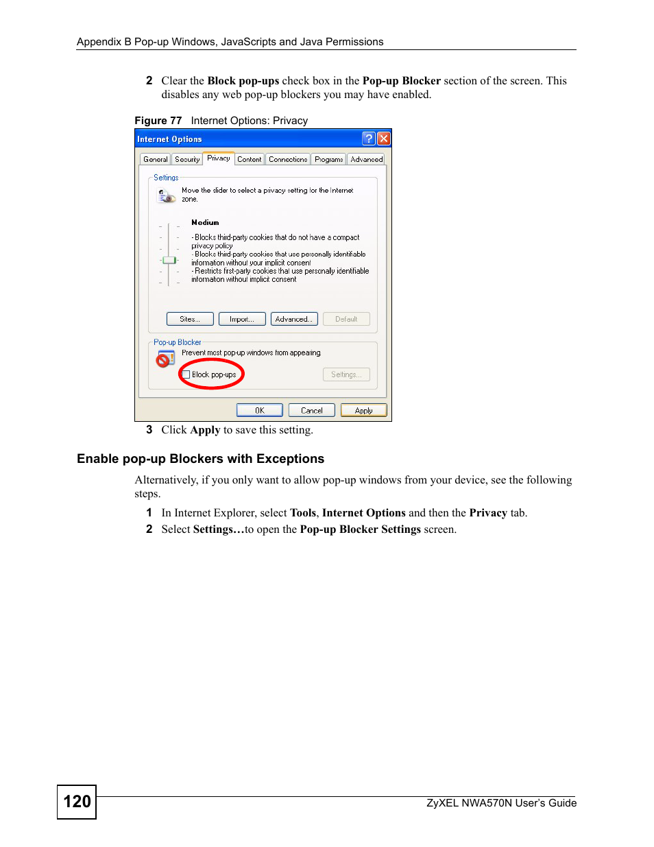 Figure 77 internet options: privacy | ZyXEL Communications NWA570N User Manual | Page 120 / 152