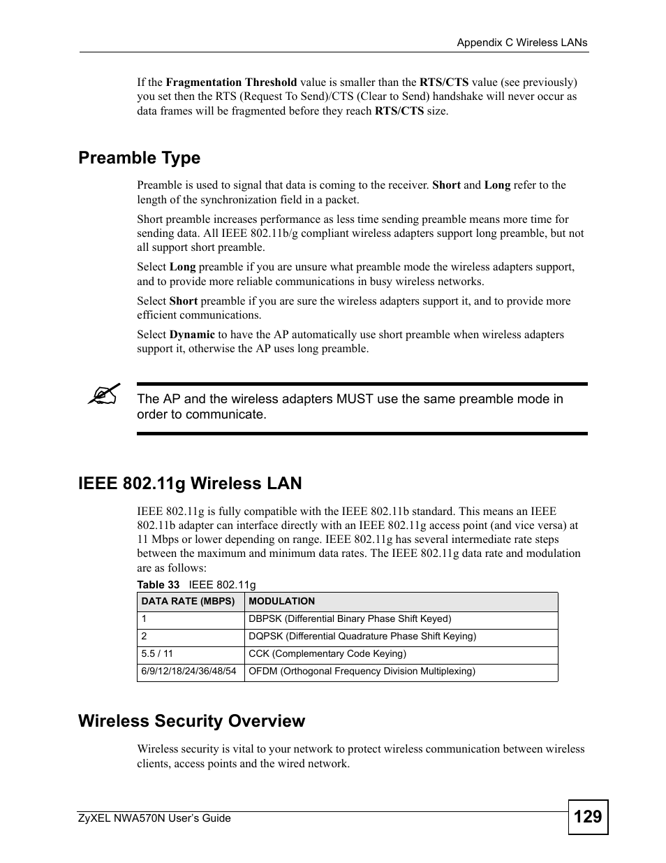 Table 33 ieee 802.11g, Preamble type, Wireless security overview | ZyXEL Communications NWA570N User Manual | Page 129 / 152