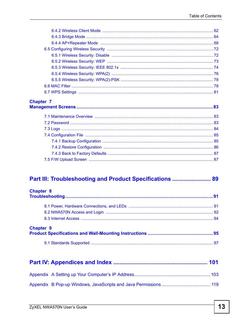 Part iv: appendices and index | ZyXEL Communications NWA570N User Manual | Page 13 / 152