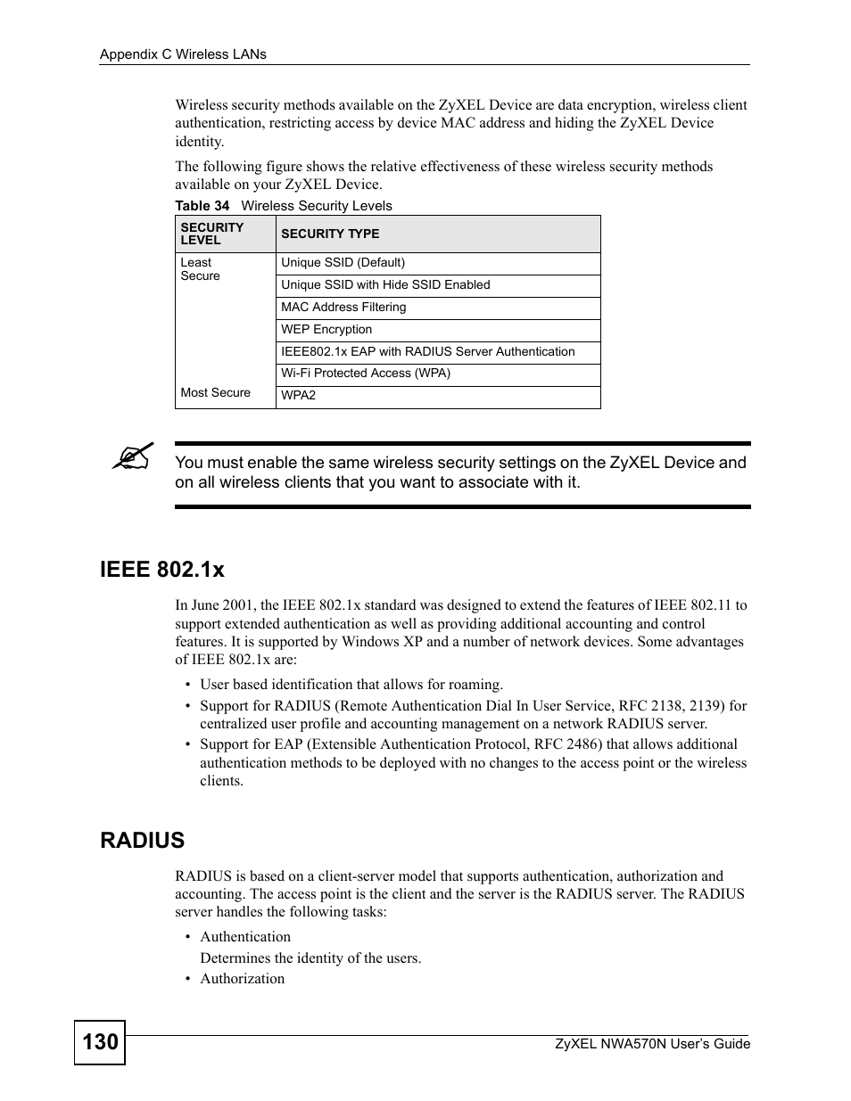 Table 34 wireless security levels, Ieee 802.1x, Radius | ZyXEL Communications NWA570N User Manual | Page 130 / 152