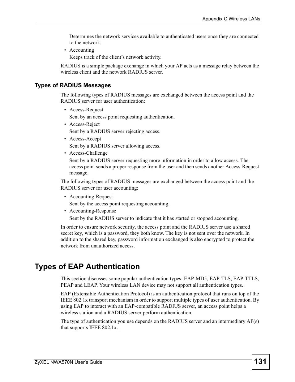 Types of eap authentication | ZyXEL Communications NWA570N User Manual | Page 131 / 152