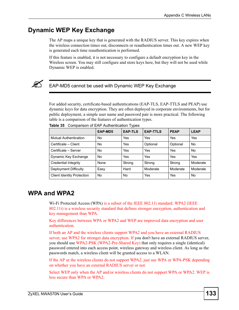 Table 35 comparison of eap authentication types, 133 dynamic wep key exchange, Wpa and wpa2 | ZyXEL Communications NWA570N User Manual | Page 133 / 152