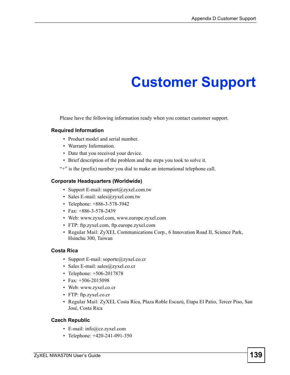 Customer support, Appendix d customer support, Customer support (139) | ZyXEL Communications NWA570N User Manual | Page 139 / 152