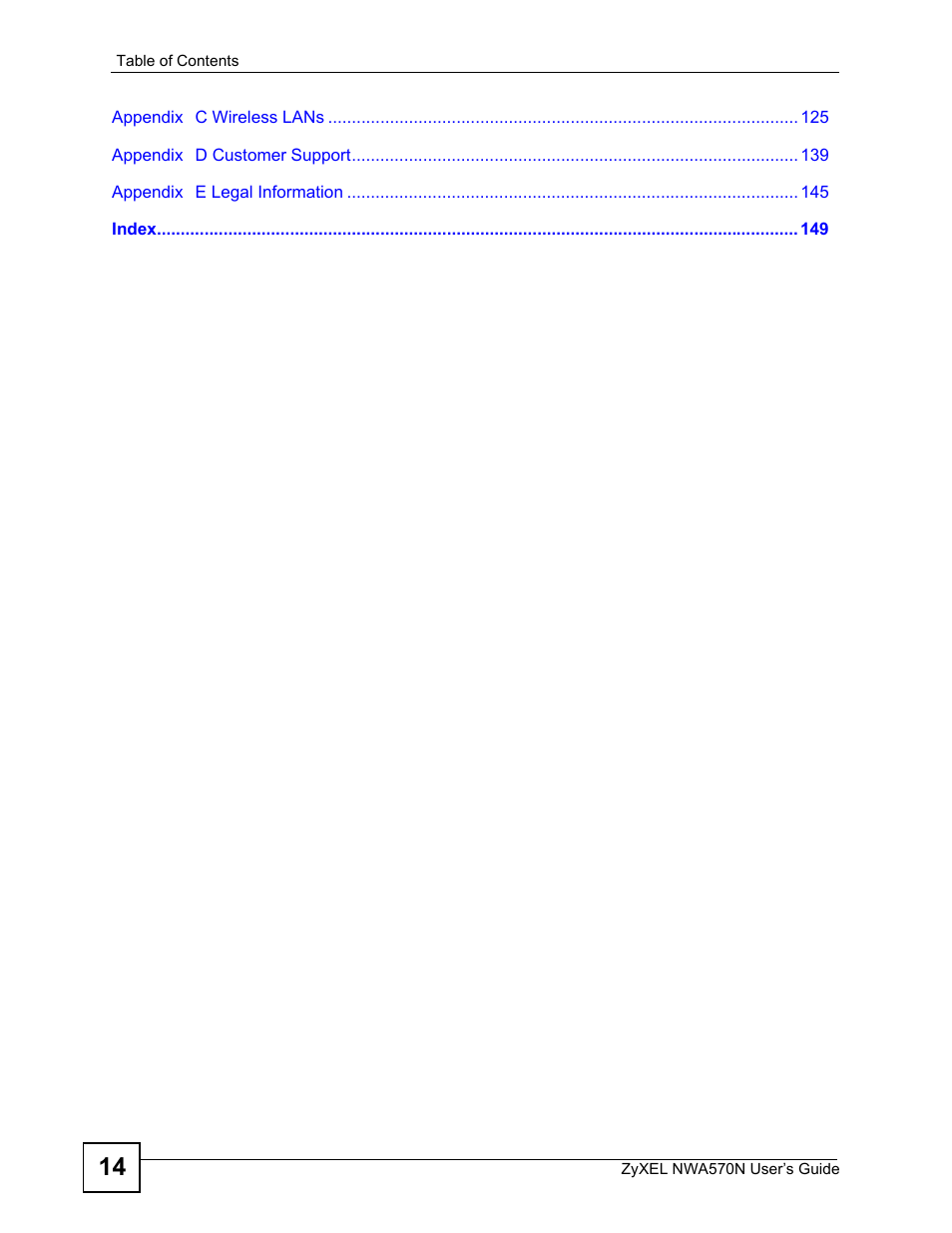 ZyXEL Communications NWA570N User Manual | Page 14 / 152