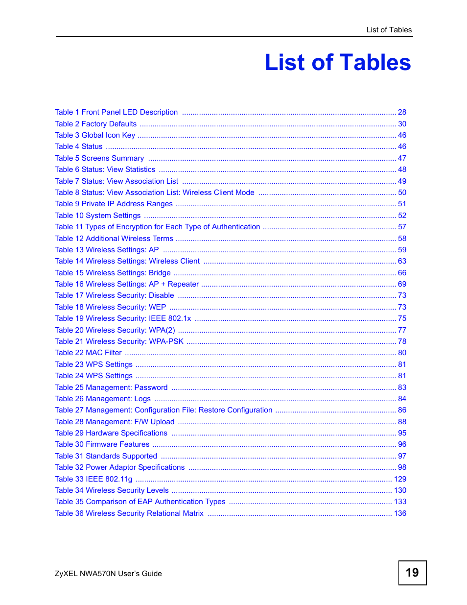 List of tables | ZyXEL Communications NWA570N User Manual | Page 19 / 152