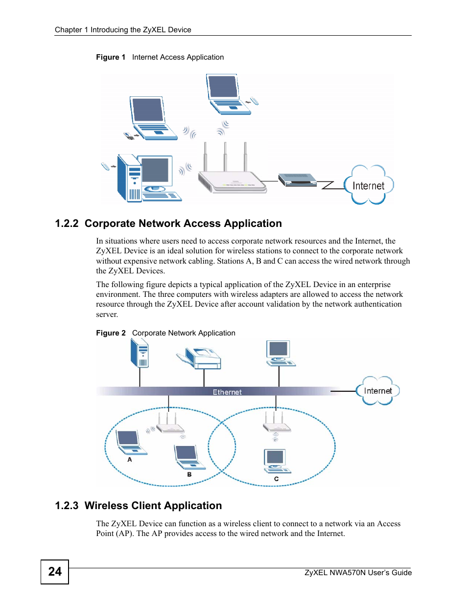 2 corporate network access application, 3 wireless client application | ZyXEL Communications NWA570N User Manual | Page 24 / 152