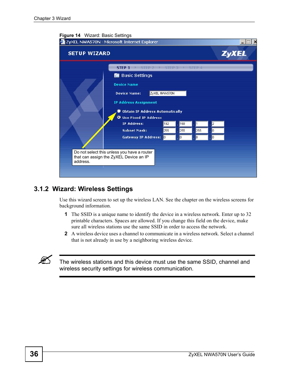2 wizard: wireless settings, Figure 14 wizard: basic settings | ZyXEL Communications NWA570N User Manual | Page 36 / 152