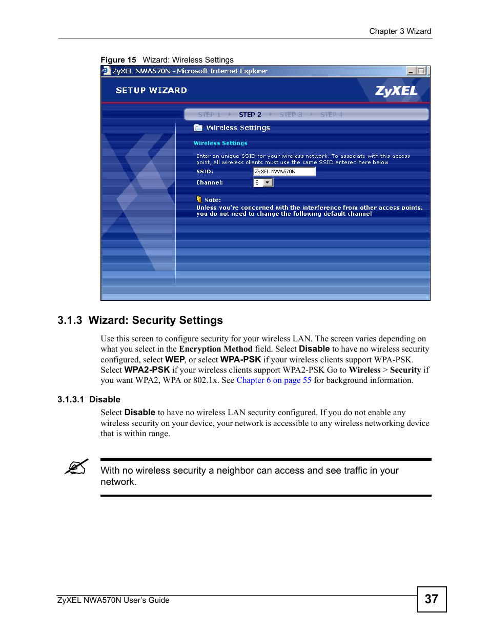 3 wizard: security settings, Figure 15 wizard: wireless settings | ZyXEL Communications NWA570N User Manual | Page 37 / 152