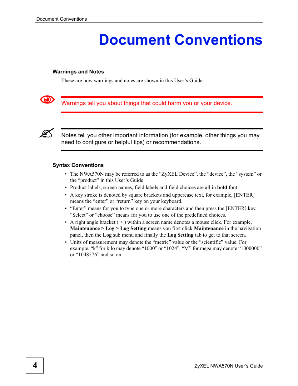 Document conventions | ZyXEL Communications NWA570N User Manual | Page 4 / 152