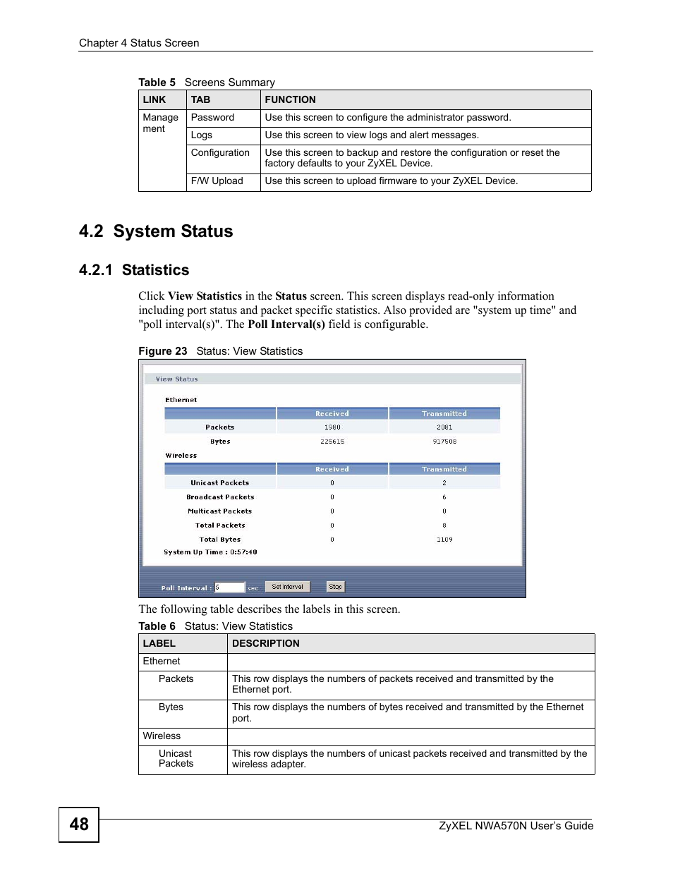 2 system status, 1 statistics, Figure 23 status: view statistics | Table 6 status: view statistics, 48 4.2 system status | ZyXEL Communications NWA570N User Manual | Page 48 / 152