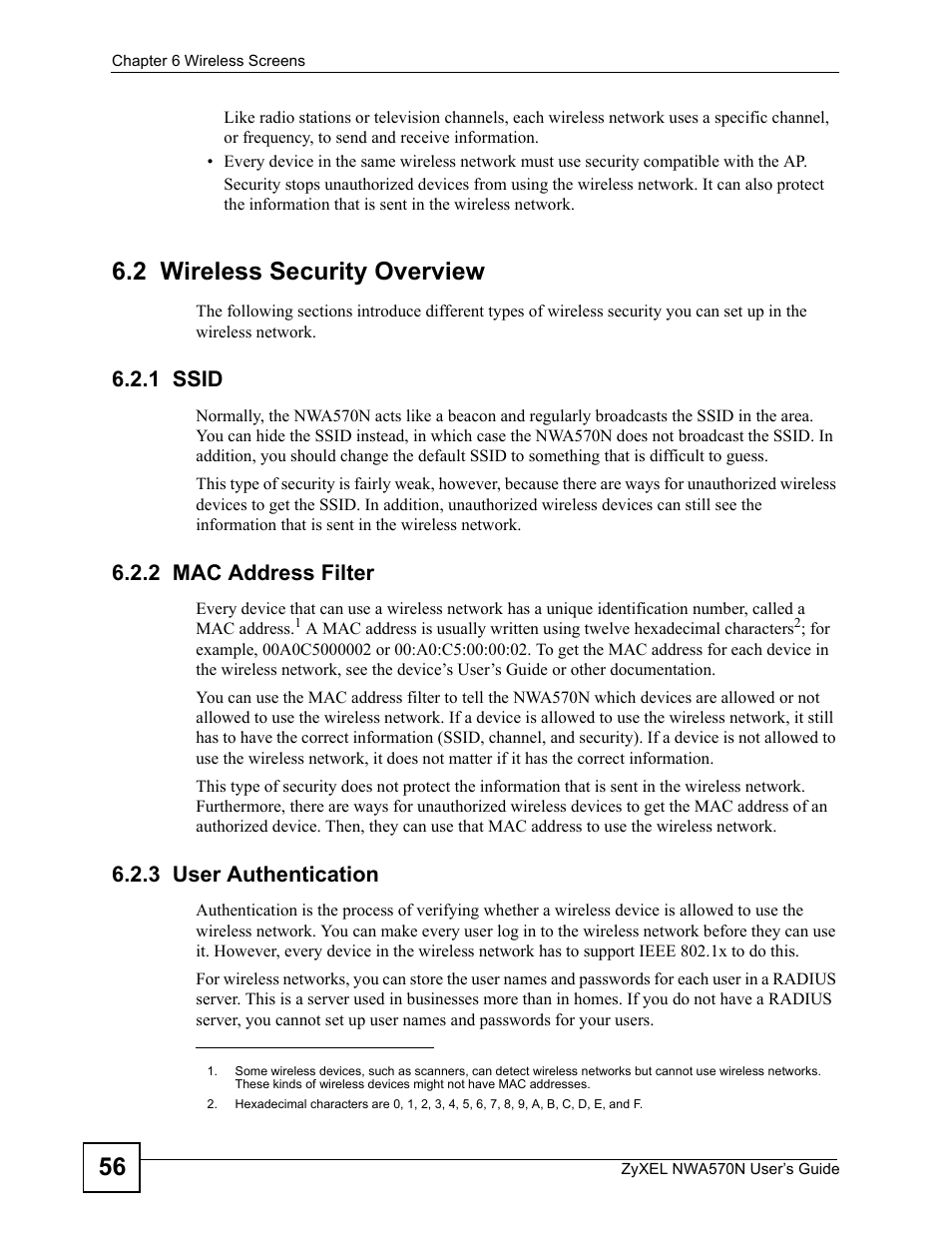 2 wireless security overview, 1 ssid, 2 mac address filter | 3 user authentication | ZyXEL Communications NWA570N User Manual | Page 56 / 152