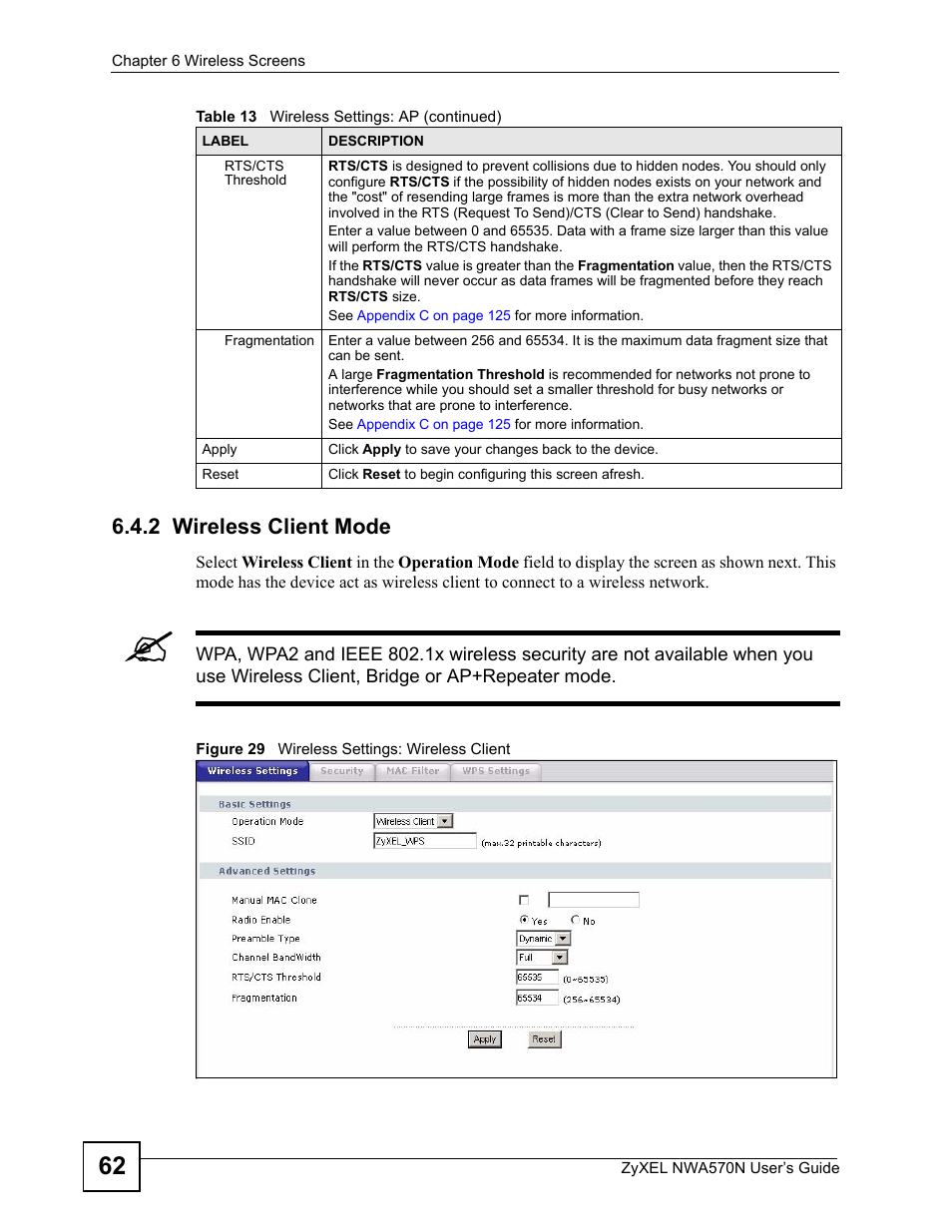 2 wireless client mode, Figure 29 wireless settings: wireless client | ZyXEL Communications NWA570N User Manual | Page 62 / 152