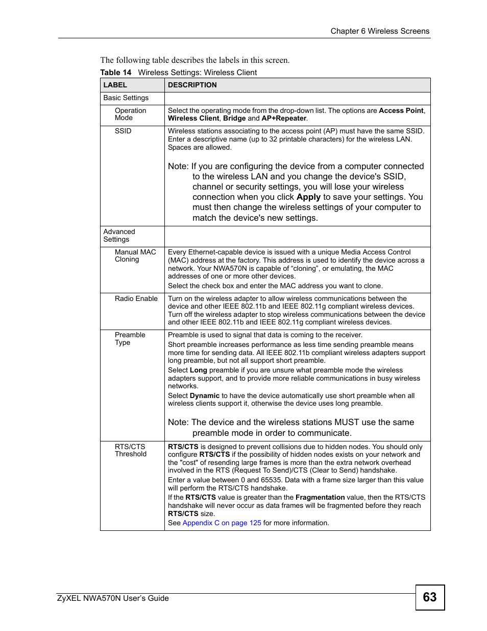 Table 14 wireless settings: wireless client | ZyXEL Communications NWA570N User Manual | Page 63 / 152