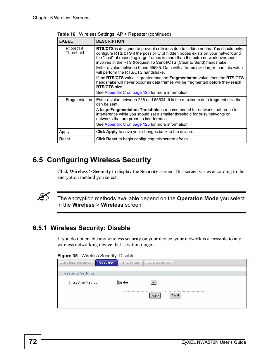 5 configuring wireless security, 1 wireless security: disable, Figure 35 wireless security: disable | 72 6.5 configuring wireless security | ZyXEL Communications NWA570N User Manual | Page 72 / 152