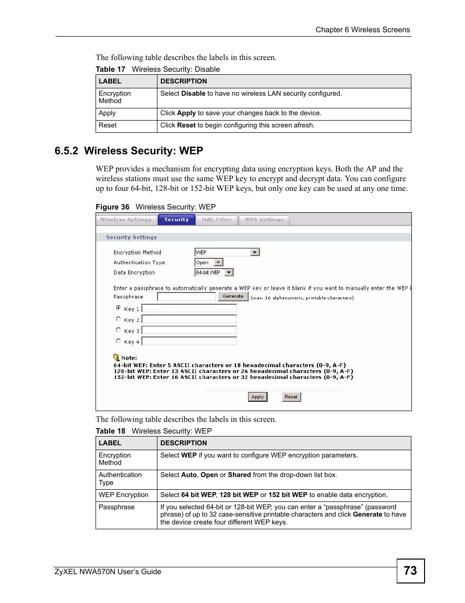 2 wireless security: wep, Figure 36 wireless security: wep | ZyXEL Communications NWA570N User Manual | Page 73 / 152