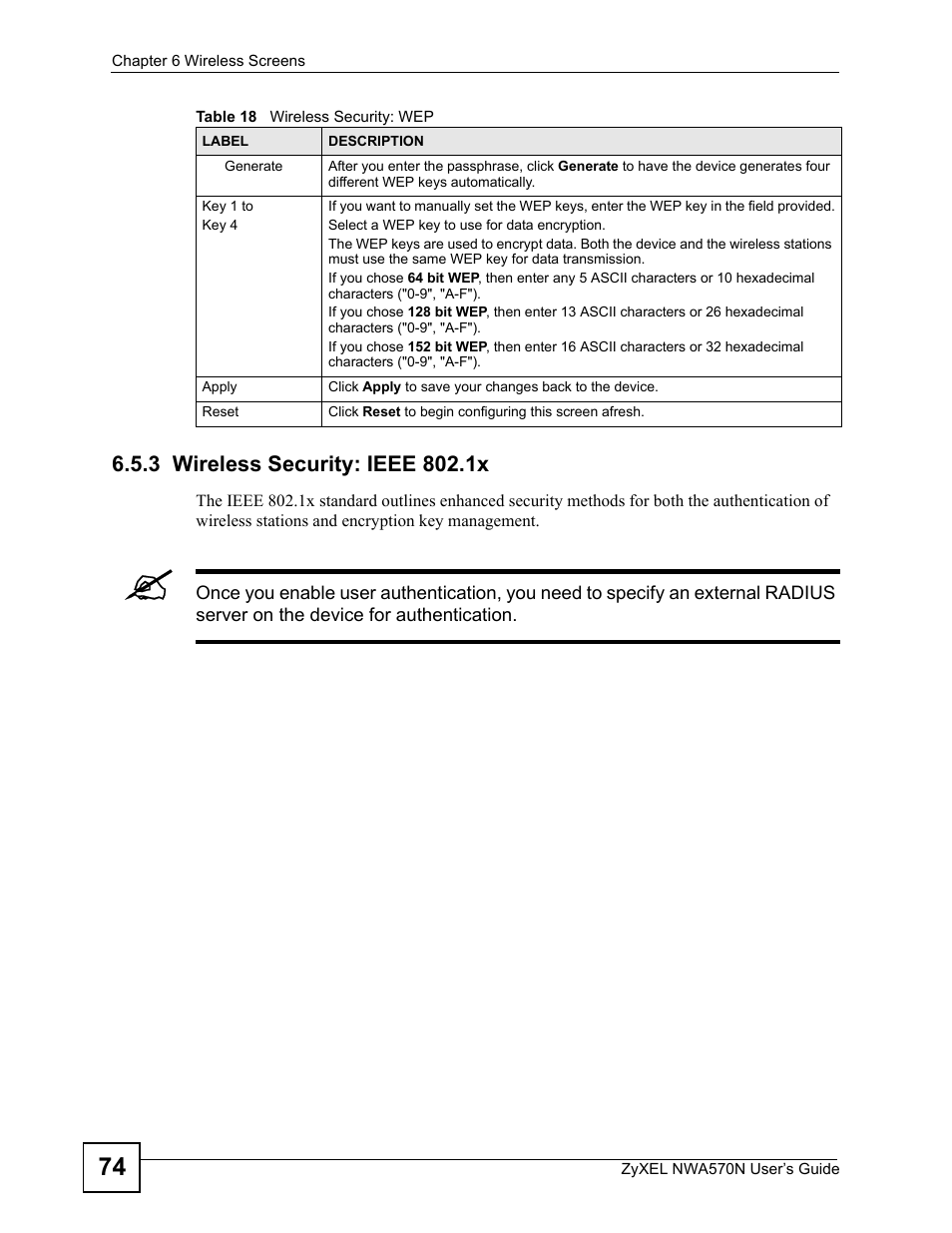 3 wireless security: ieee 802.1x | ZyXEL Communications NWA570N User Manual | Page 74 / 152
