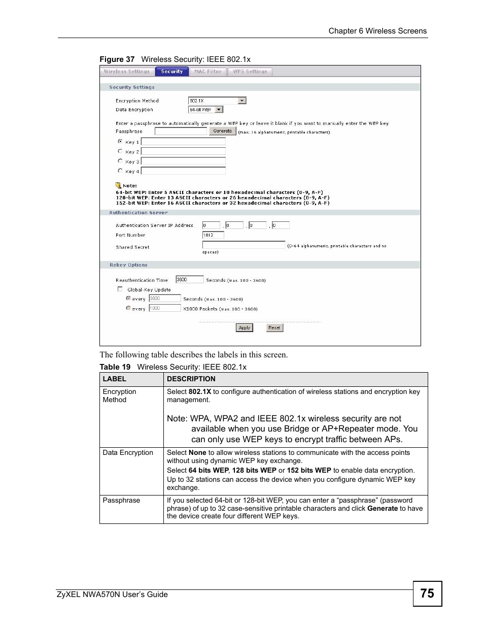 Figure 37 wireless security: ieee 802.1x, Table 19 wireless security: ieee 802.1x | ZyXEL Communications NWA570N User Manual | Page 75 / 152