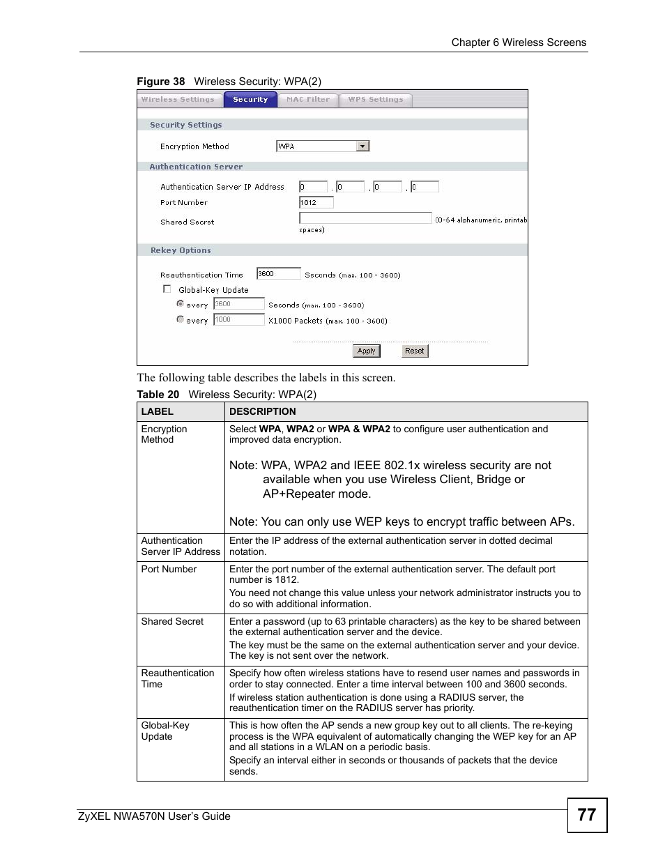 Figure 38 wireless security: wpa(2), Table 20 wireless security: wpa(2) | ZyXEL Communications NWA570N User Manual | Page 77 / 152