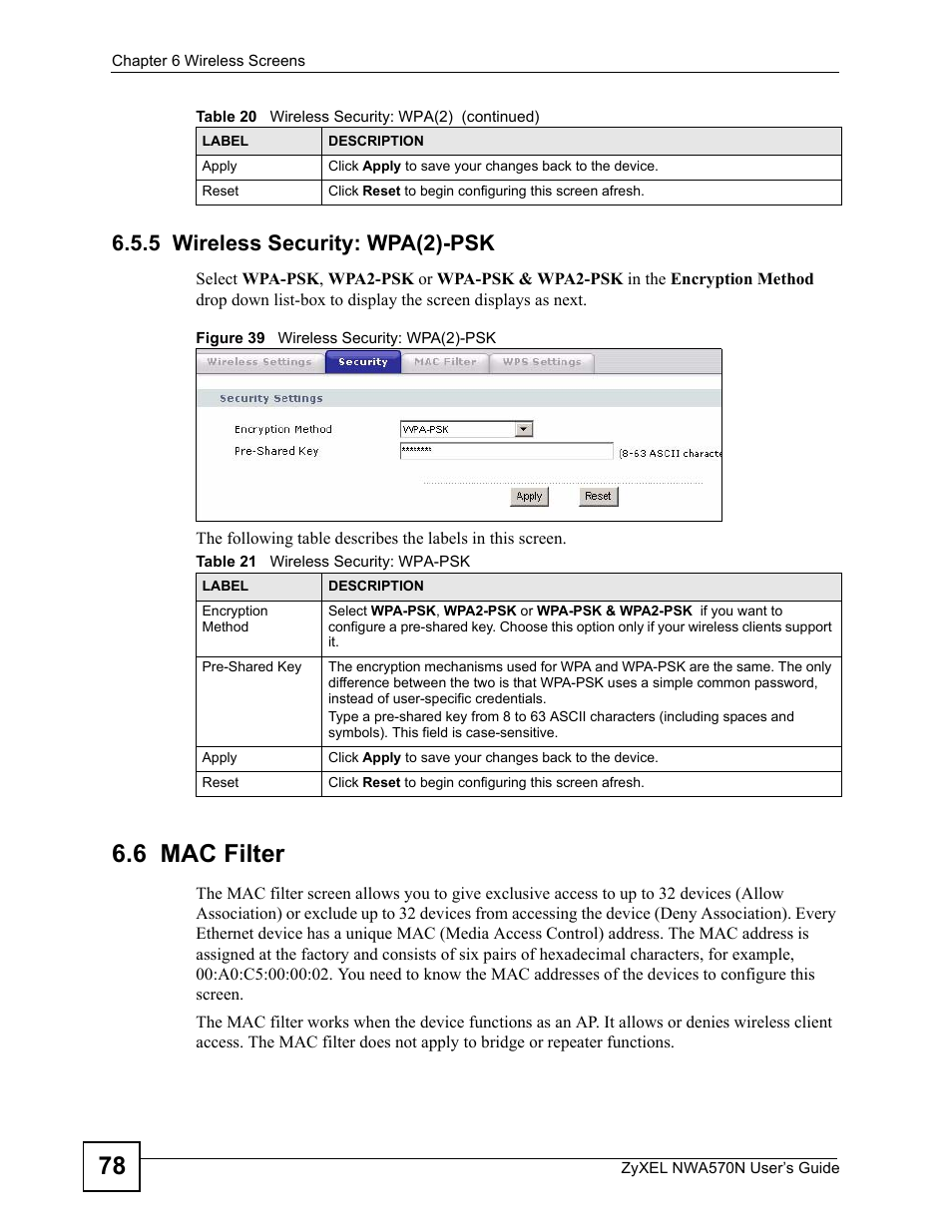 5 wireless security: wpa(2)-psk, 6 mac filter, Figure 39 wireless security: wpa(2)-psk | Table 21 wireless security: wpa-psk | ZyXEL Communications NWA570N User Manual | Page 78 / 152