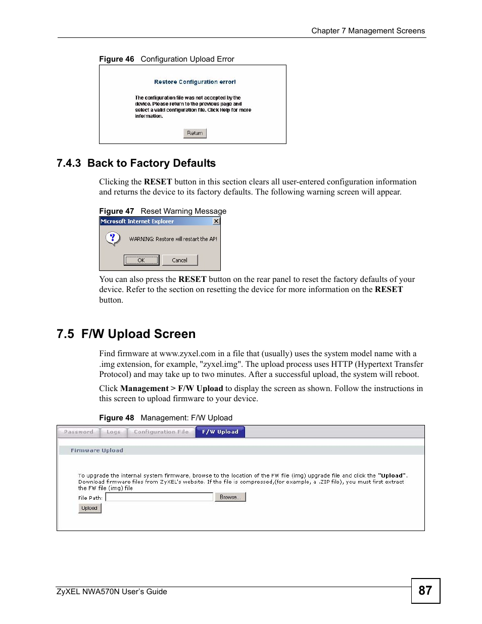 3 back to factory defaults, 5 f/w upload screen | ZyXEL Communications NWA570N User Manual | Page 87 / 152