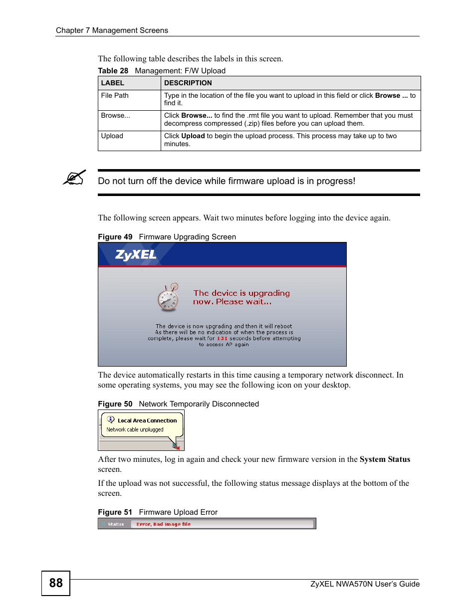Table 28 management: f/w upload | ZyXEL Communications NWA570N User Manual | Page 88 / 152