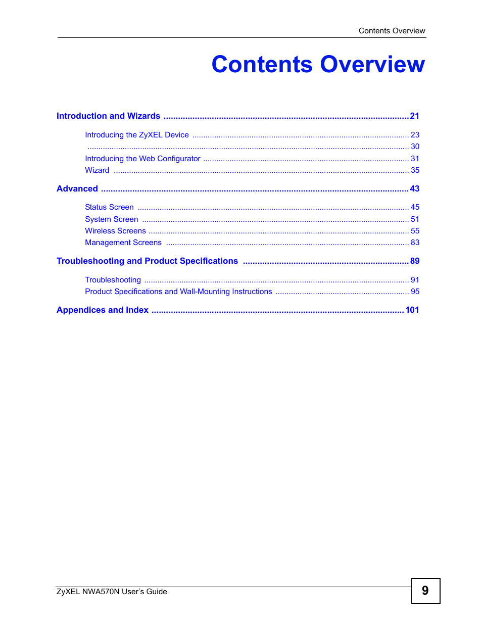 Contents overview | ZyXEL Communications NWA570N User Manual | Page 9 / 152