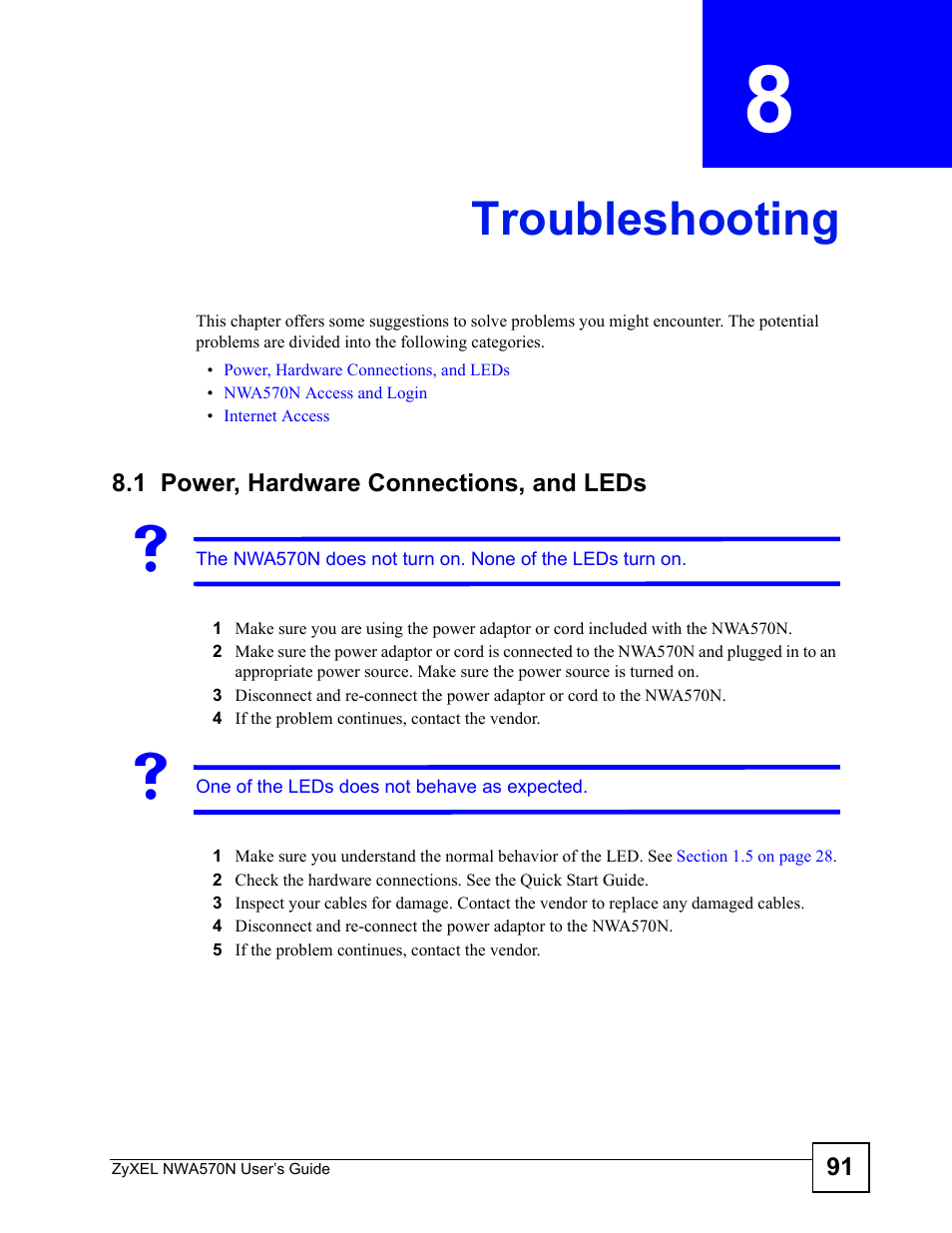Troubleshooting, 1 power, hardware connections, and leds, Chapter 8 troubleshooting | ZyXEL Communications NWA570N User Manual | Page 91 / 152
