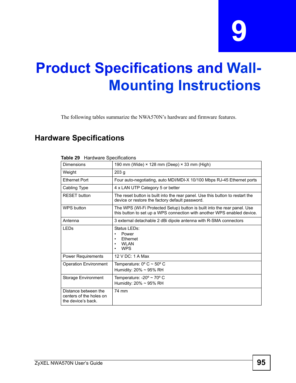 Table 29 hardware specifications | ZyXEL Communications NWA570N User Manual | Page 95 / 152