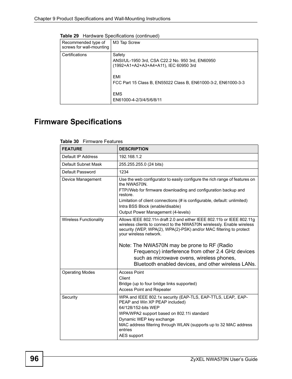 Table 30 firmware features, 96 firmware specifications | ZyXEL Communications NWA570N User Manual | Page 96 / 152