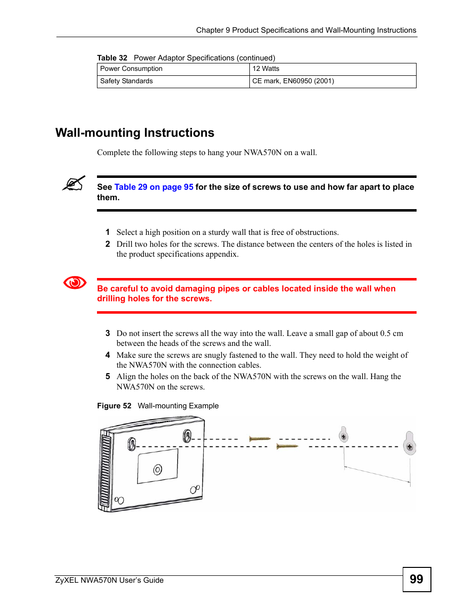 Figure 52 wall-mounting example, 99 wall-mounting instructions | ZyXEL Communications NWA570N User Manual | Page 99 / 152