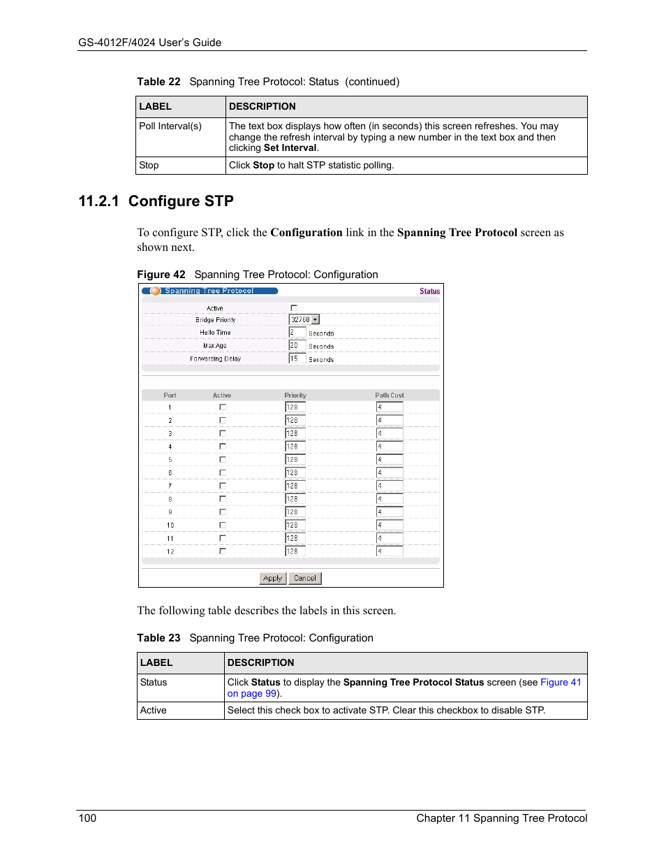 1 configure stp, Figure 42 spanning tree protocol: configuration, Table 23 spanning tree protocol: configuration | ZyXEL Communications ZyXEL Dimension GS-4012F User Manual | Page 101 / 327