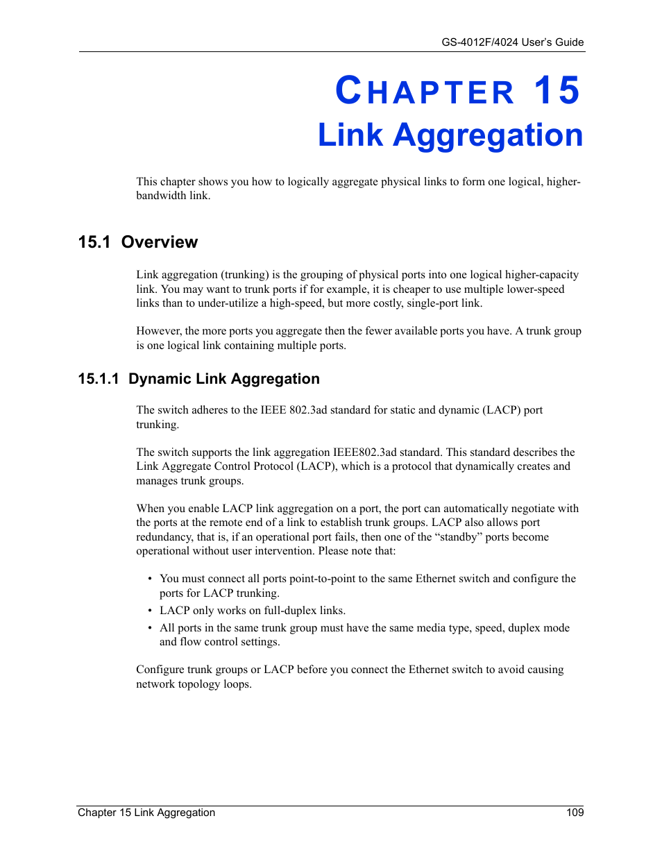 Link aggregation, 1 overview, 1 dynamic link aggregation | Chapter 15 link aggregation | ZyXEL Communications ZyXEL Dimension GS-4012F User Manual | Page 110 / 327