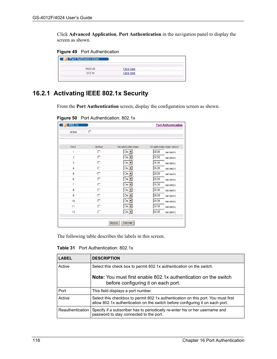 1 activating ieee 802.1x security, Table 31 port authentication: 802.1x | ZyXEL Communications ZyXEL Dimension GS-4012F User Manual | Page 117 / 327