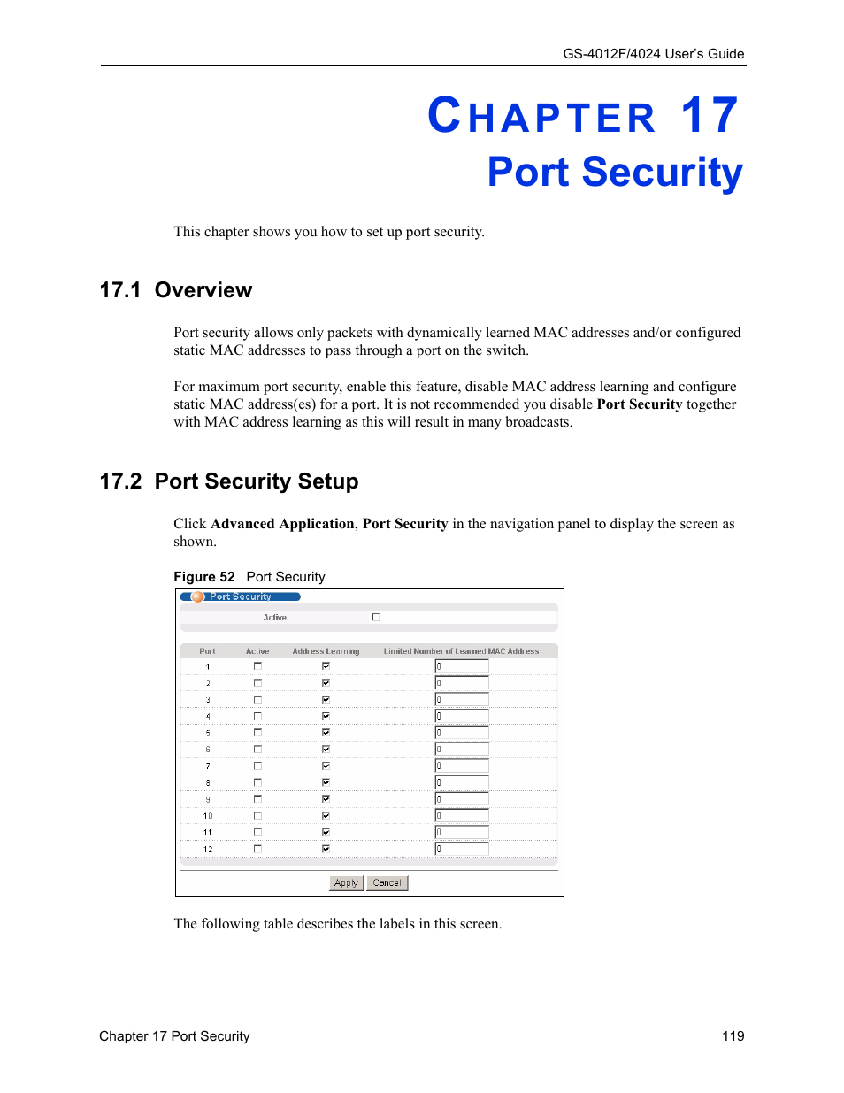 Port security, 1 overview, 2 port security setup | Chapter 17 port security, 1 overview 17.2 port security setup, Figure 52 port security | ZyXEL Communications ZyXEL Dimension GS-4012F User Manual | Page 120 / 327