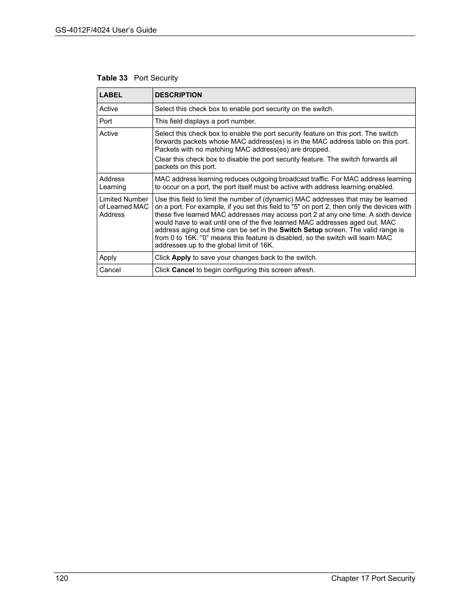 Table 33 port security | ZyXEL Communications ZyXEL Dimension GS-4012F User Manual | Page 121 / 327