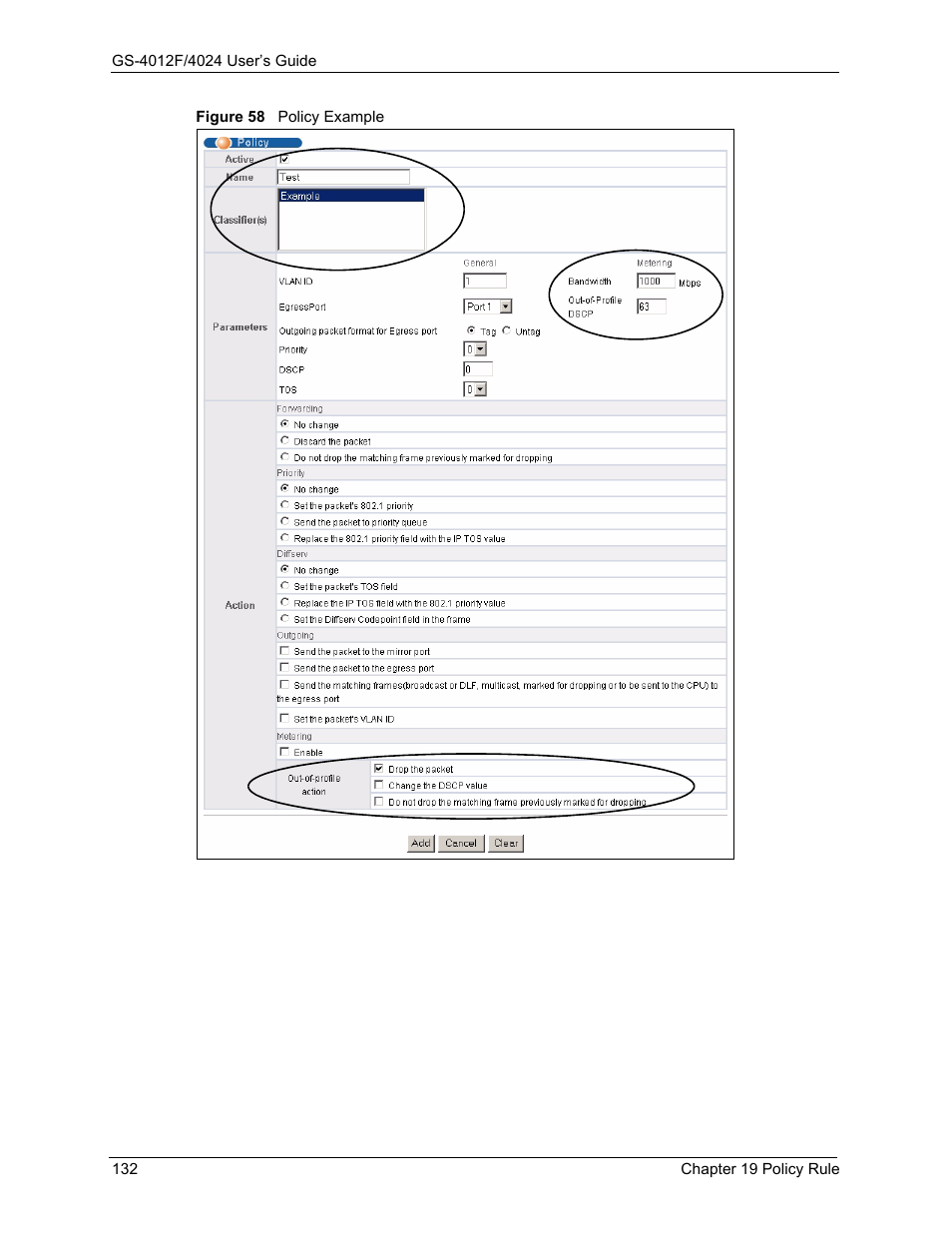 Figure 58 policy example | ZyXEL Communications ZyXEL Dimension GS-4012F User Manual | Page 133 / 327