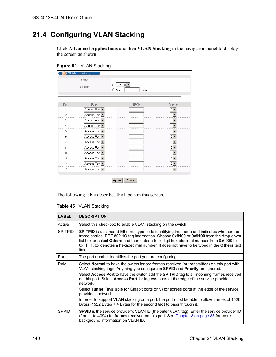 4 configuring vlan stacking, Figure 61 vlan stacking, Table 45 vlan stacking | ZyXEL Communications ZyXEL Dimension GS-4012F User Manual | Page 141 / 327