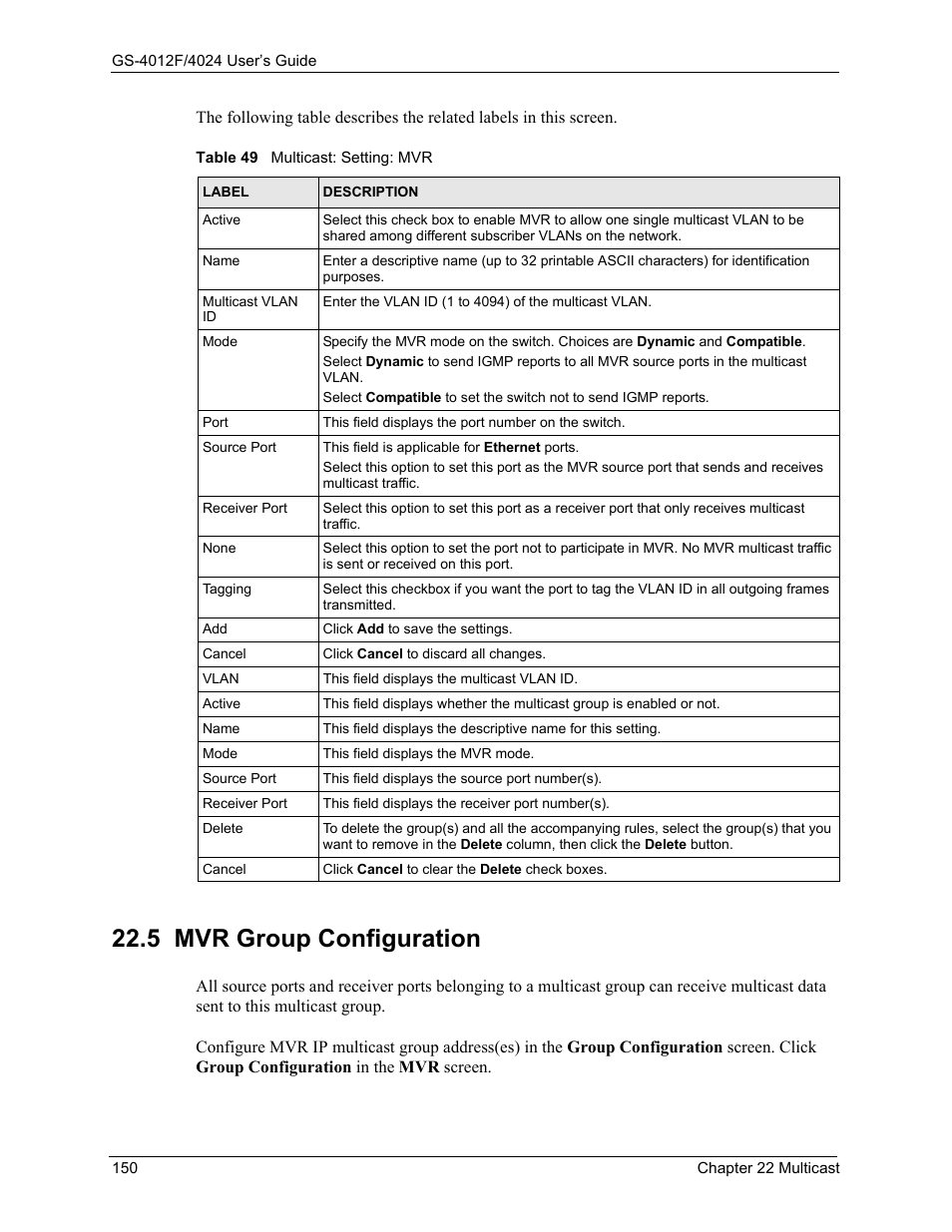 Table 49 multicast: setting: mvr, 5 mvr group configuration | ZyXEL Communications ZyXEL Dimension GS-4012F User Manual | Page 151 / 327