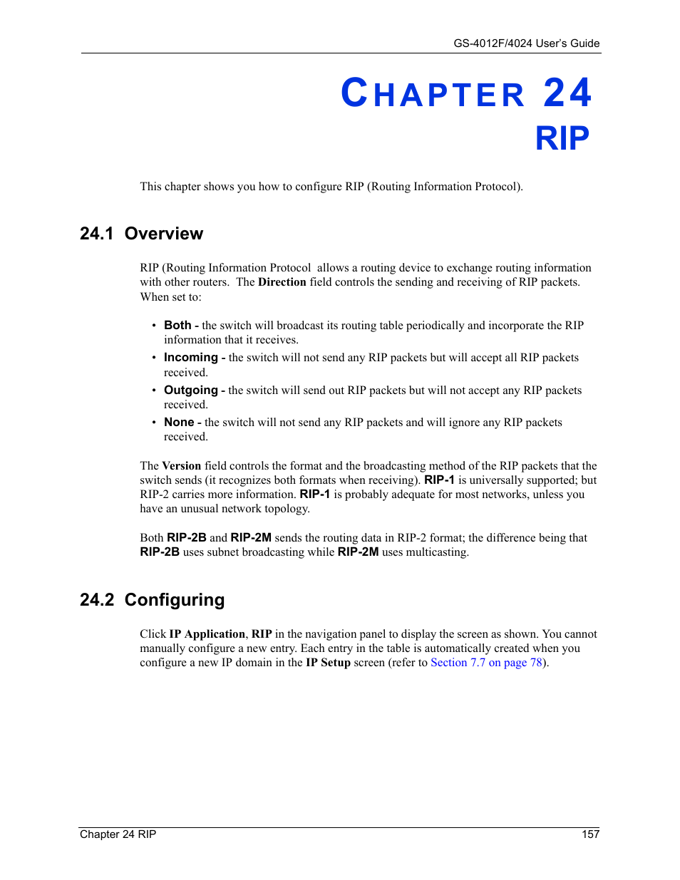 1 overview, 2 configuring, Chapter 24 rip | 1 overview 24.2 configuring | ZyXEL Communications ZyXEL Dimension GS-4012F User Manual | Page 158 / 327