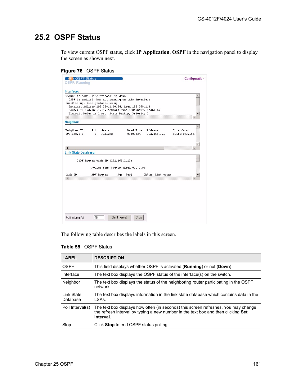 2 ospf status, Figure 76 ospf status, Table 55 ospf status | ZyXEL Communications ZyXEL Dimension GS-4012F User Manual | Page 162 / 327