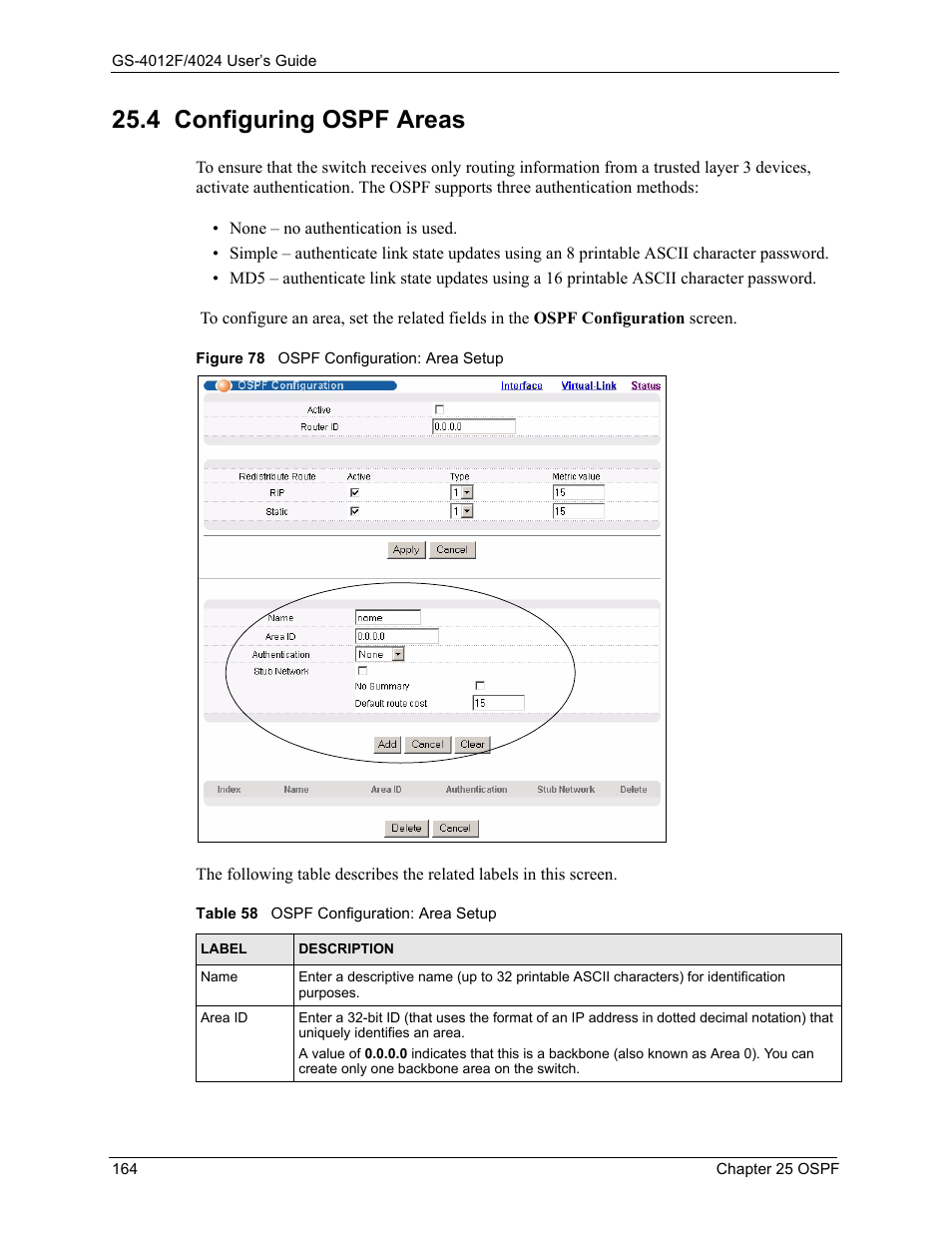 4 configuring ospf areas, Figure 78 ospf configuration: area setup, Table 58 ospf configuration: area setup | ZyXEL Communications ZyXEL Dimension GS-4012F User Manual | Page 165 / 327