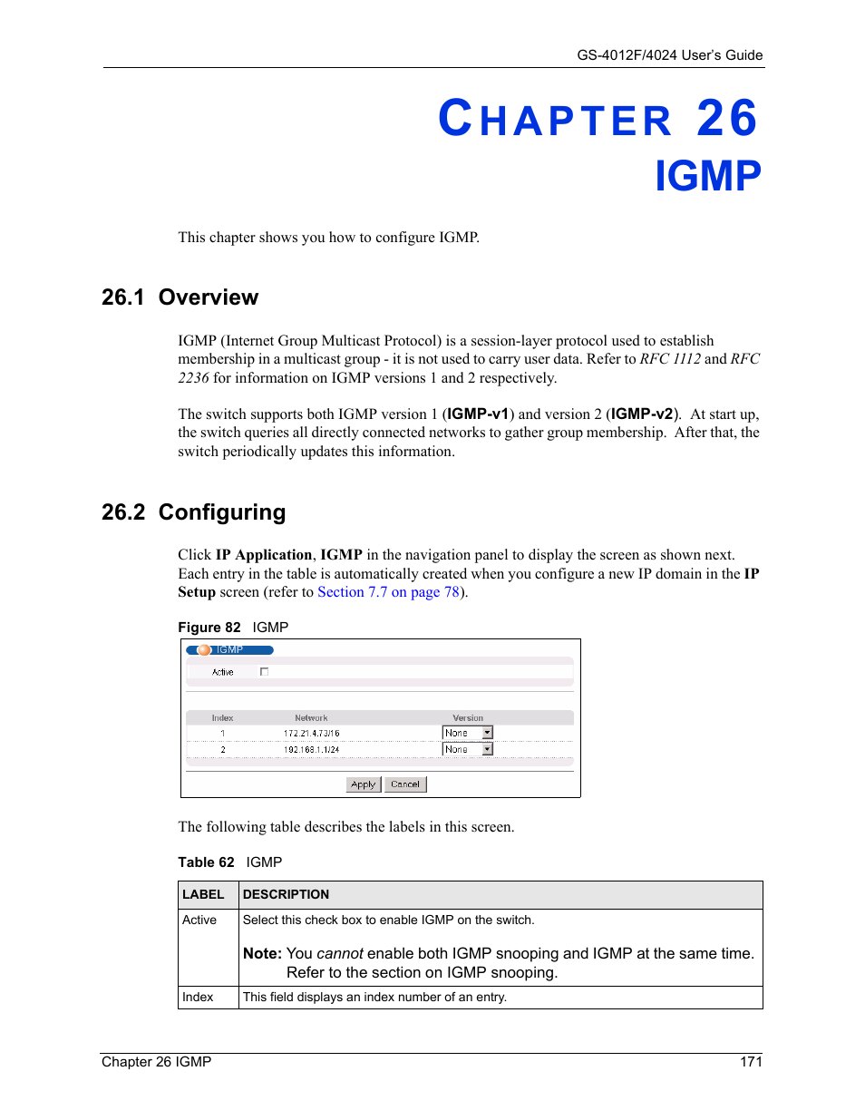 Igmp, 1 overview, 2 configuring | Chapter 26 igmp, 1 overview 26.2 configuring, Figure 82 igmp, Table 62 igmp | ZyXEL Communications ZyXEL Dimension GS-4012F User Manual | Page 172 / 327