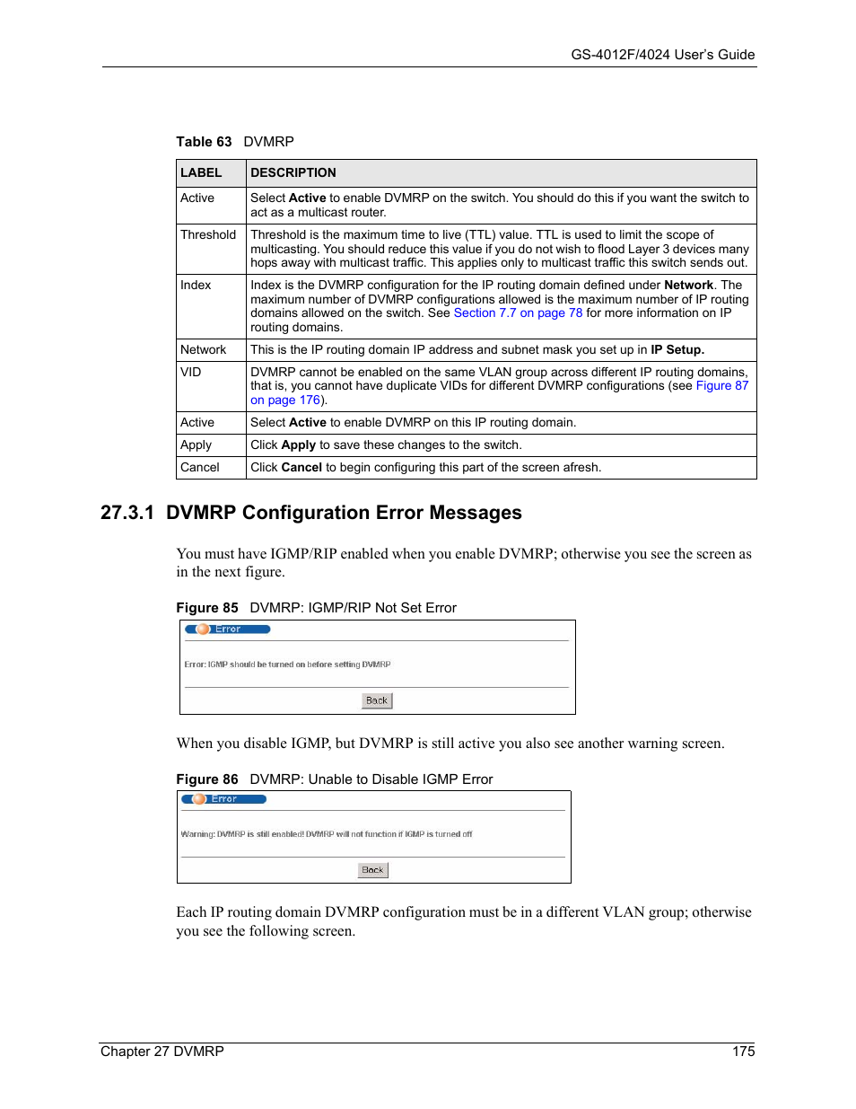 1 dvmrp configuration error messages, Table 63 dvmrp | ZyXEL Communications ZyXEL Dimension GS-4012F User Manual | Page 176 / 327