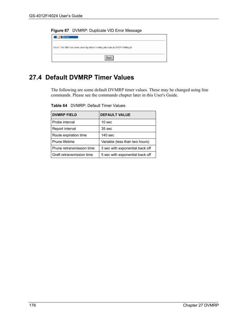 4 default dvmrp timer values, Figure 87 dvmrp: duplicate vid error message, Table 64 dvmrp: default timer values | Figure 87 | ZyXEL Communications ZyXEL Dimension GS-4012F User Manual | Page 177 / 327