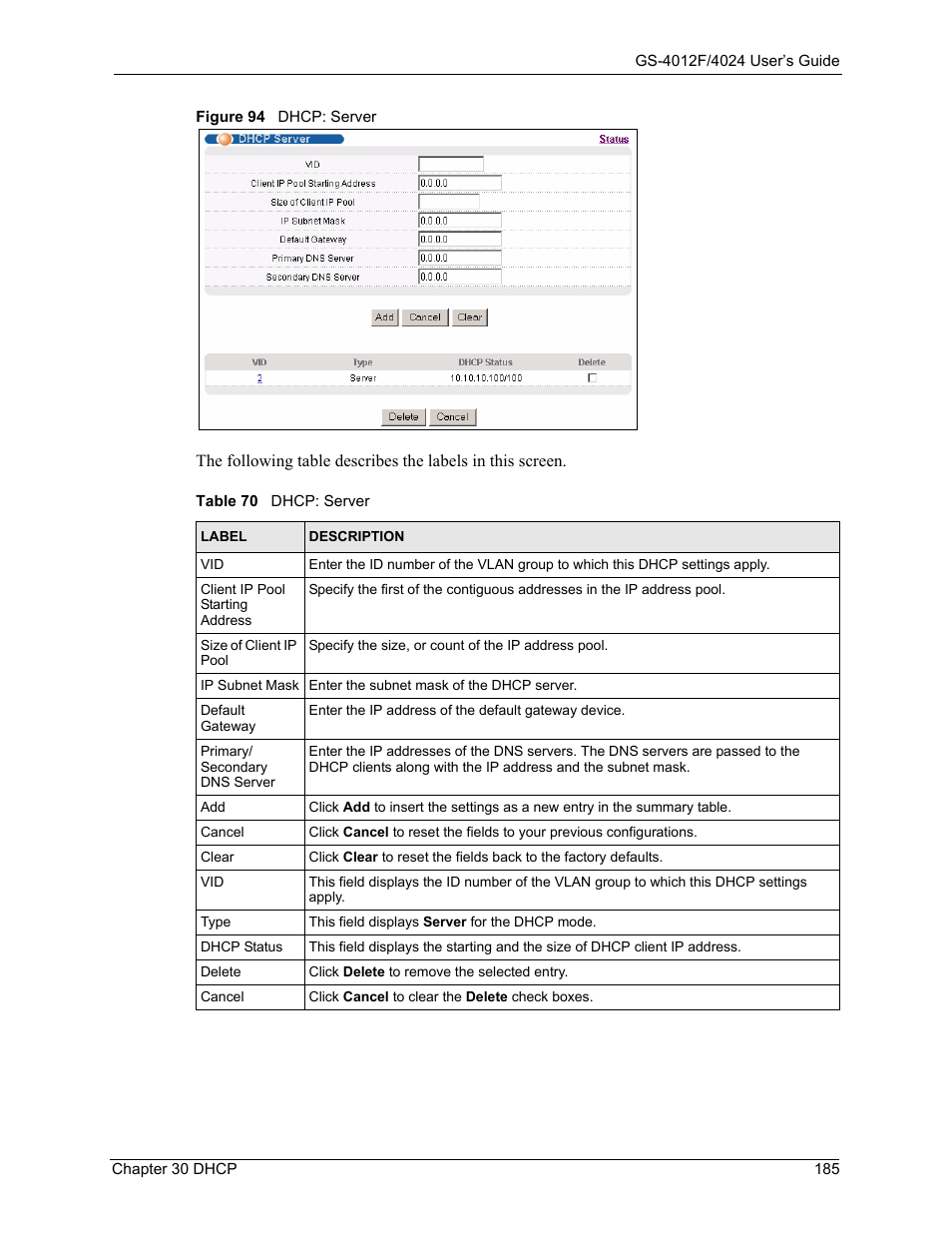Figure 94 dhcp: server, Table 70 dhcp: server | ZyXEL Communications ZyXEL Dimension GS-4012F User Manual | Page 186 / 327