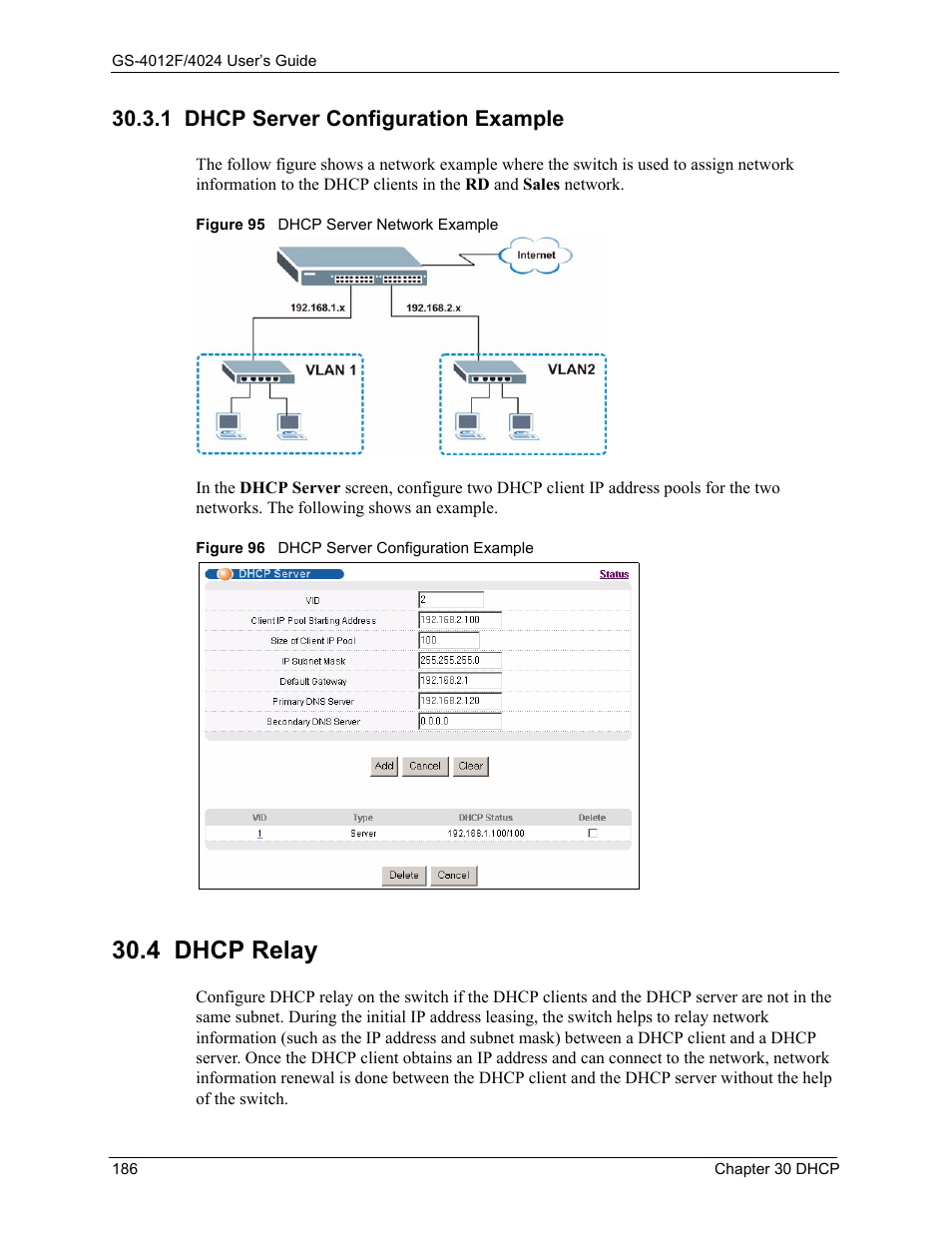 1 dhcp server configuration example, 4 dhcp relay | ZyXEL Communications ZyXEL Dimension GS-4012F User Manual | Page 187 / 327