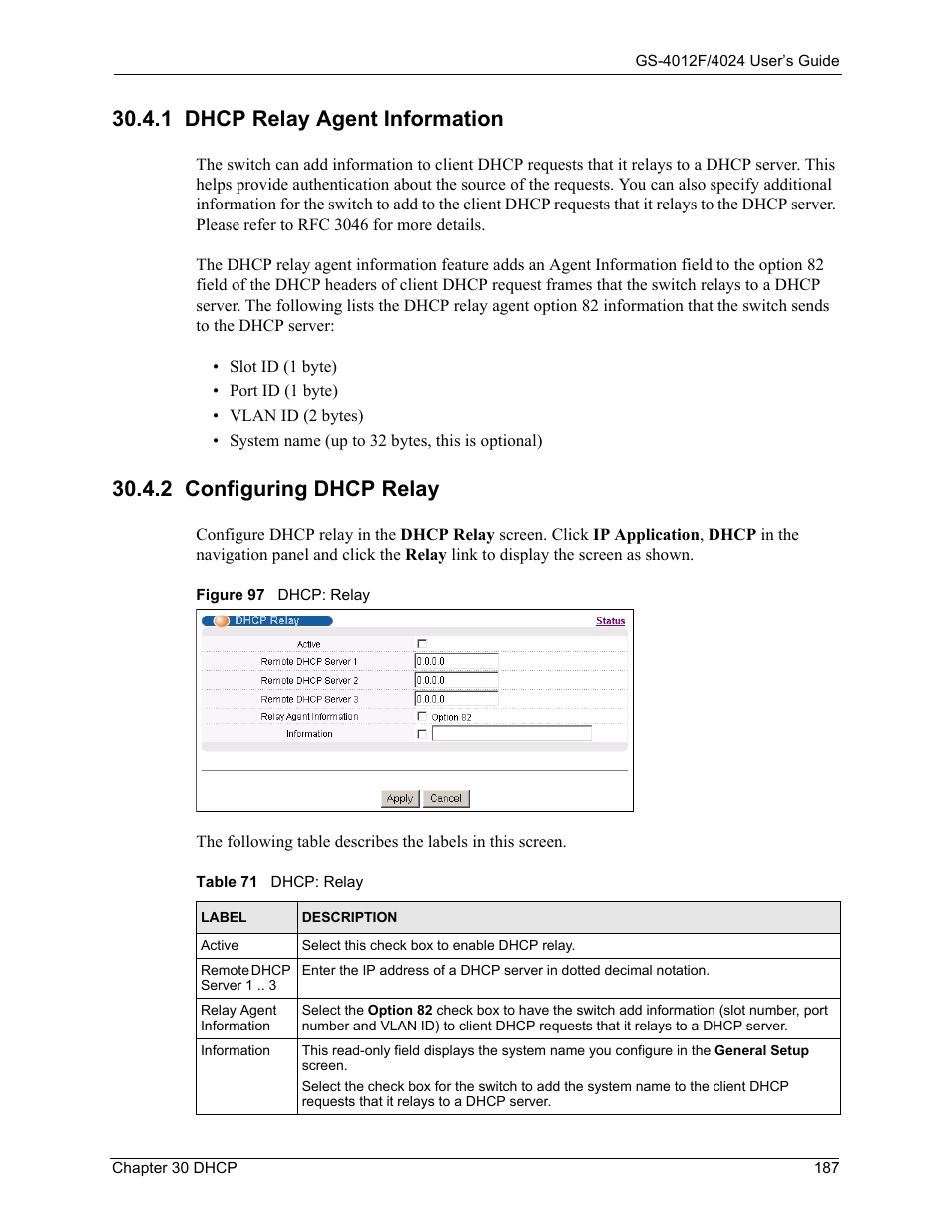 1 dhcp relay agent information, 2 configuring dhcp relay, Figure 97 dhcp: relay | Table 71 dhcp: relay | ZyXEL Communications ZyXEL Dimension GS-4012F User Manual | Page 188 / 327