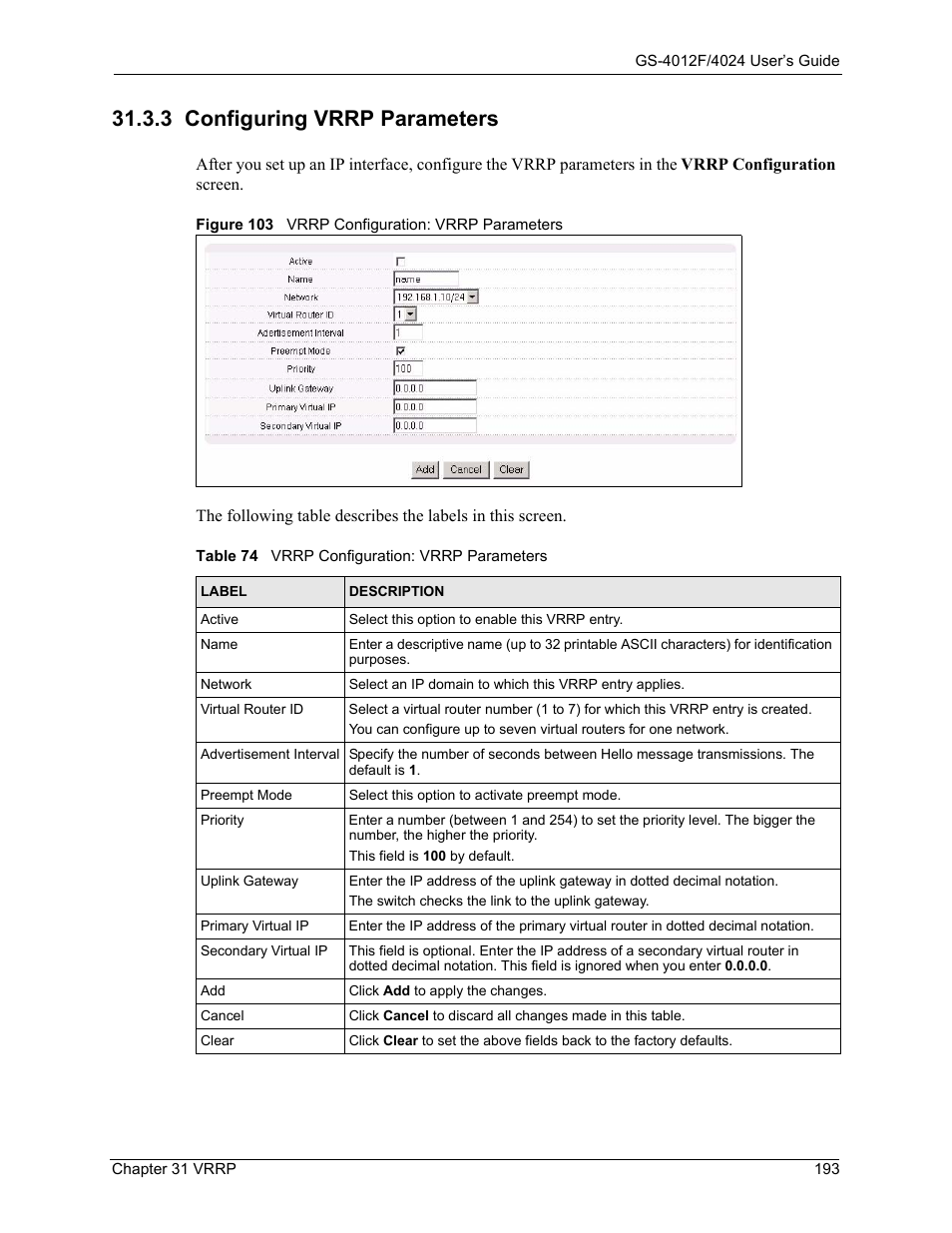 3 configuring vrrp parameters, Figure 103 vrrp configuration: vrrp parameters, Table 74 vrrp configuration: vrrp parameters | ZyXEL Communications ZyXEL Dimension GS-4012F User Manual | Page 194 / 327